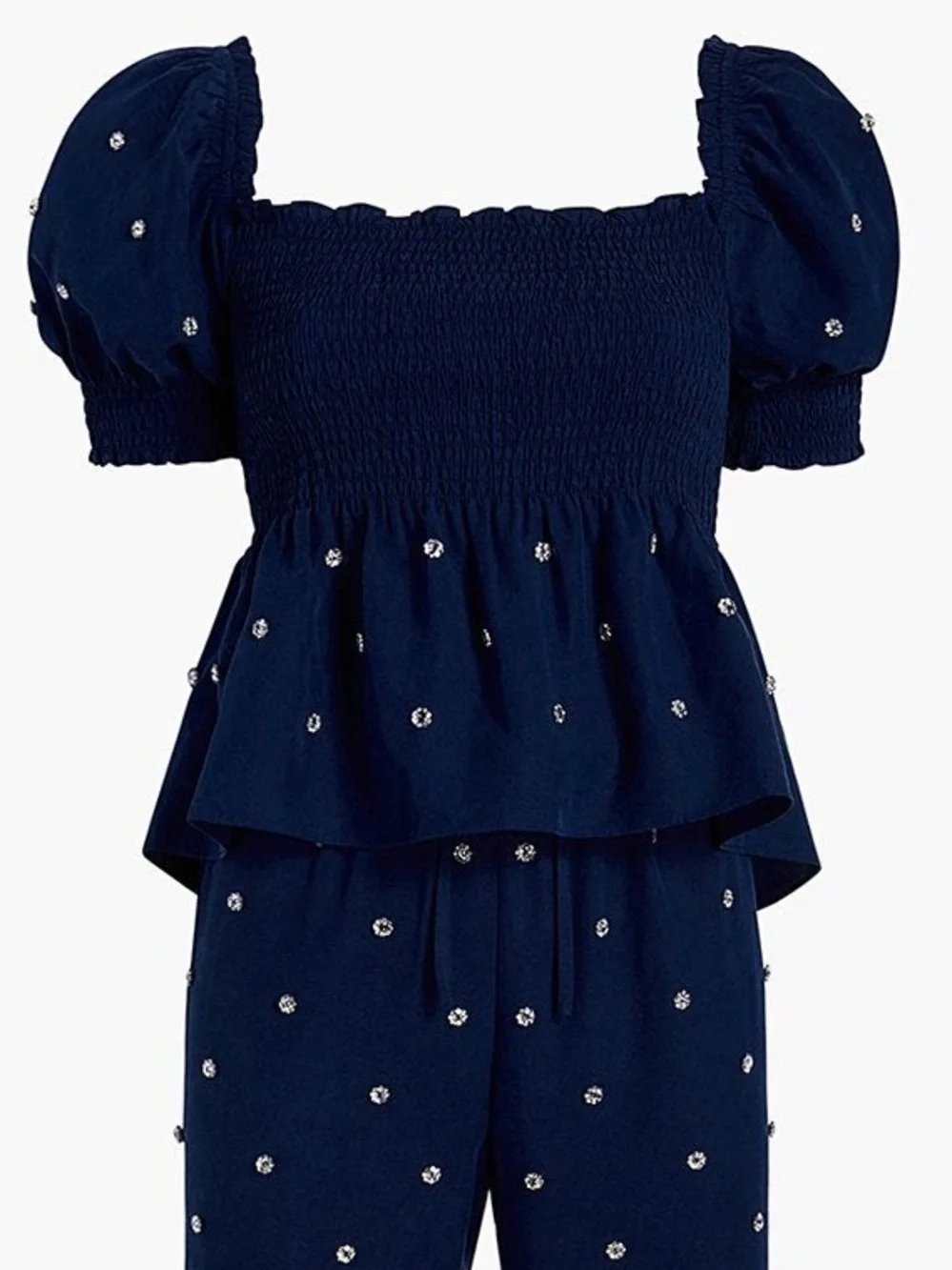 Hill House Home Jewel Jammie Top Navy Crystal Smocked Size Small